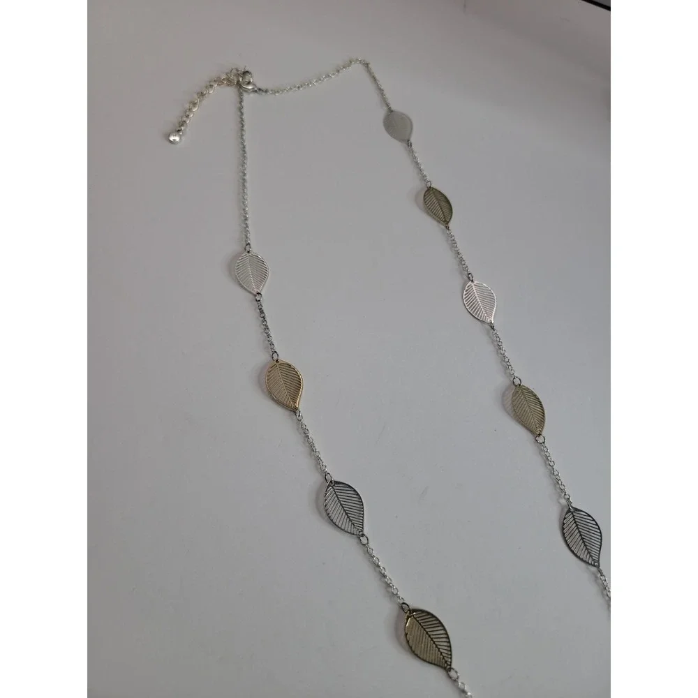 Long Mixed Metal Leaf Station Necklace Gold Silver Tone Openwork‎ Leaves